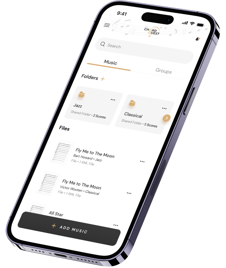 Chord Quest app on iPhone showing sheet music playback